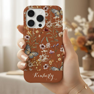 Coque iPhone 15 Pro Motif de fleurs sauvages aquarelles en terre cuite