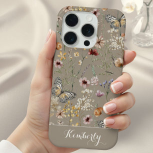 Coque iPhone 15 Pro Motif de fleurs sauvages aquarelles Taupe Nom