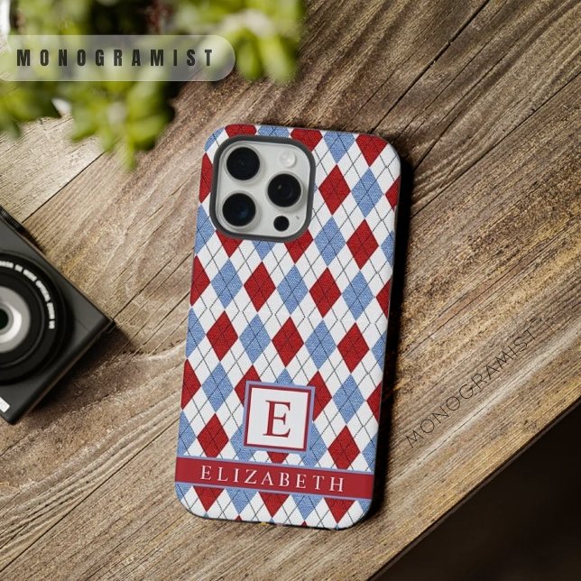 Coque iPhone Motif de Jacquard blanc bleu rouge personnalisable (Customizable White Blue Red Argyle Pattern iPhone Case)