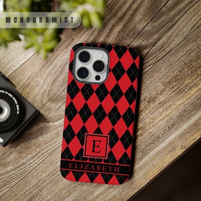Coque iPhone Motif de Jacquard noir rose vif personnalisable (Customizable Bright Red Pink Black Argyle Pattern iPhone Case)