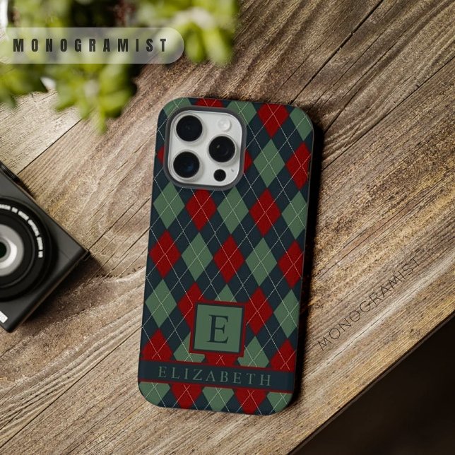 Coque iPhone Motif de Jacquard rouge Turquoise foncé personnali (Customizable Dark Teal Green Red Argyle Pattern iPhone Case)