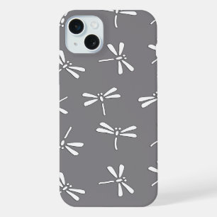 Coque iPhone 15 Plus Motif de libellule japonaise, gris et blanc