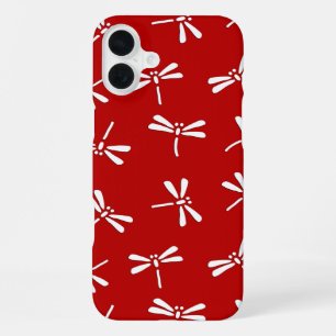 Coque iPhone 16 Plus Motif de libellule japonaise, rouge foncé et blanc