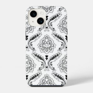 Coque Pour iPhone 14 Motif de ligne damassé Rococo noir sur blanc