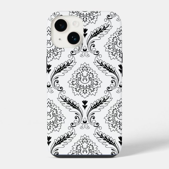 Coque iPhone Motif de ligne damassé Rococo noir sur blanc (Verso)