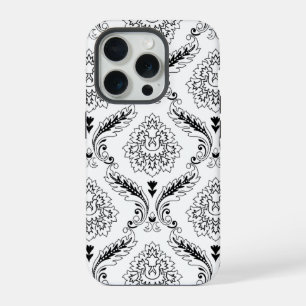 Coque iPhone 15 Pro Motif de ligne damassé Rococo noir sur blanc