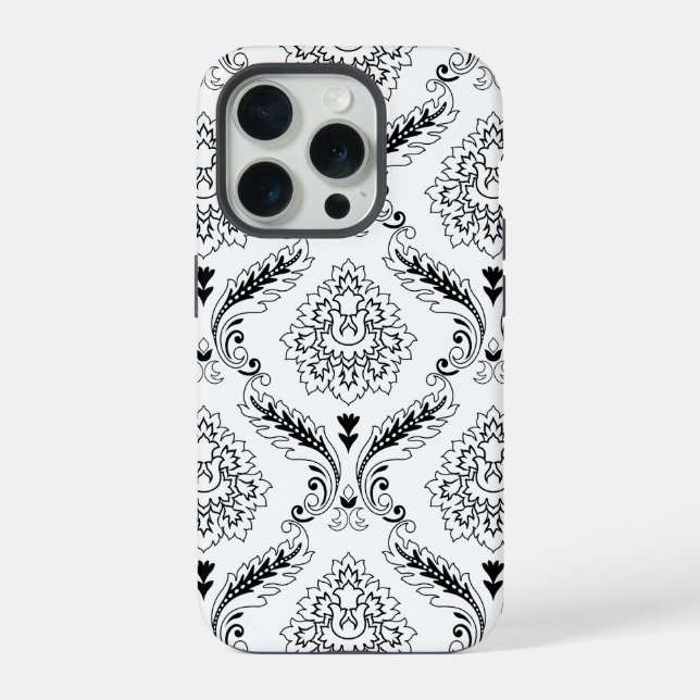 Coque iPhone Motif de ligne damassé Rococo noir sur blanc (Verso)