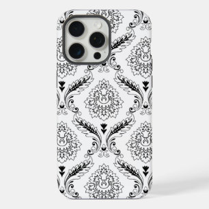 Coque iPhone 15 Pro Max Motif de ligne damassé rococo noir sur blanc