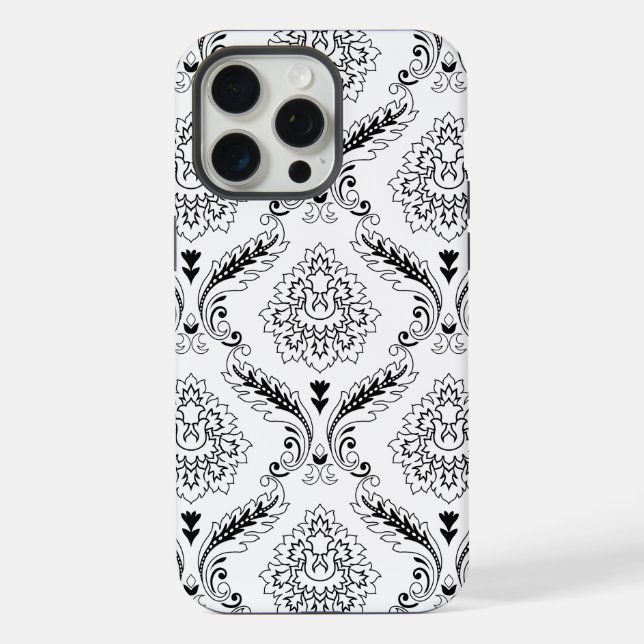 Coque iPhone Motif de ligne damassé rococo noir sur blanc (Verso)
