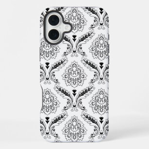 Coque iPhone 16 Plus Motif de ligne en damas rococo noir sur blanc