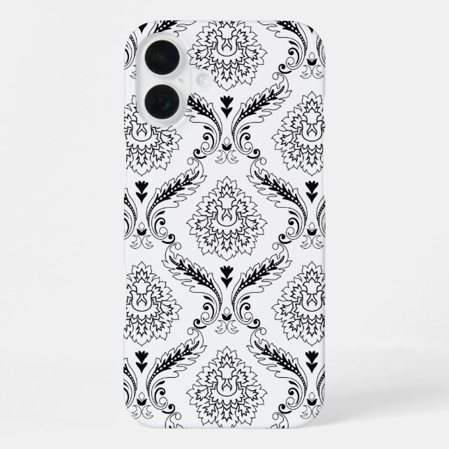 Coque iPhone Motif de ligne en damas rococo noir sur blanc (Verso)