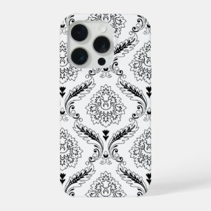 Coque iPhone 15 Pro Motif de ligne en Damas rococo noir sur blanc