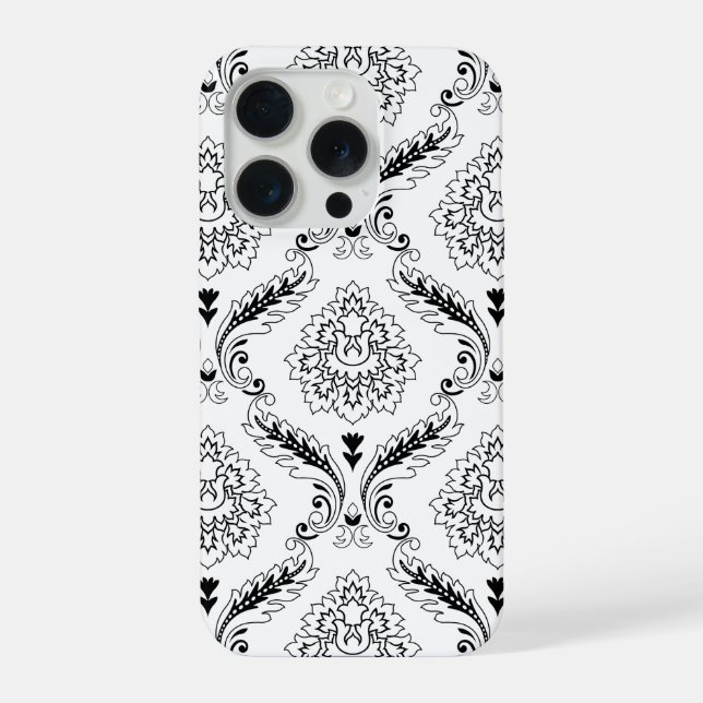 Coque iPhone Motif de ligne en Damas rococo noir sur blanc (Verso)