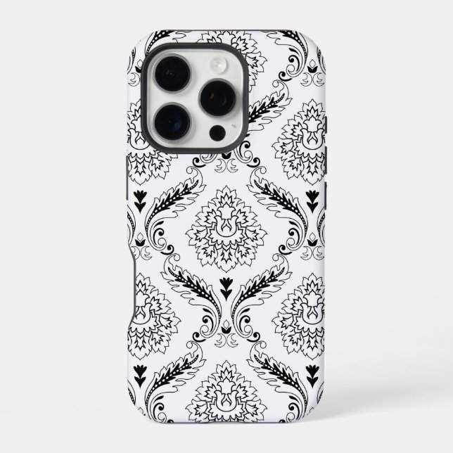 Coque iPhone Motif de ligne en damas rococo noir sur blanc (Verso)
