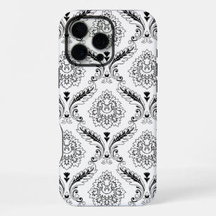Coque iPhone 16 Pro Max Motif de ligne en damas rococo noir sur blanc