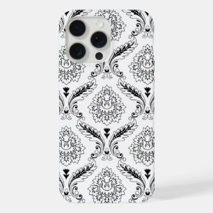 Coque iPhone 15 Pro Max Motif de ligne en damas rococo noir sur blanc