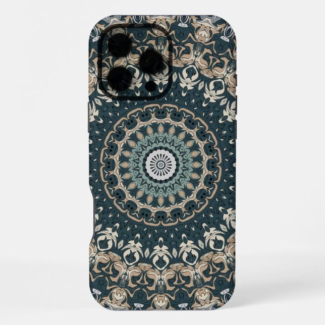 Coque iPhone Motif de mandala sarcelle et beige (Verso)