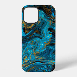 Coque iPhone 12 Motif de marbrure bleu et or. Liquide de marbre do
