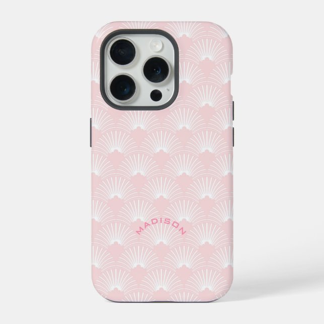 Coque iPhone Motif de monogramme art déco rose clair et blanc (Verso)