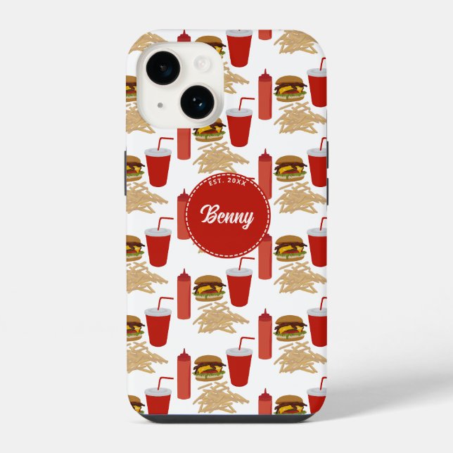 Coque iPhone Motif de monogramme de frites de burger de restaur (Verso)
