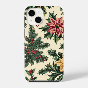 Coque Pour iPhone 14 Motif de Noël de houx poinsettia rouge crème