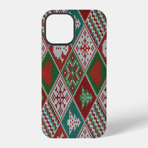 Coque iPhone 12 Motif de Noël en tricot faux rouge vert blanc