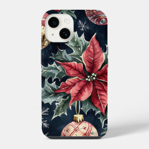 Coque Pour iPhone 14 Motif de Noël Poinsettia Rouge Or de la Marine