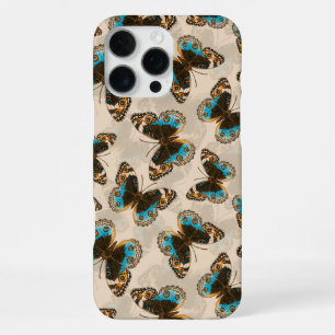 Coque iPhone 16 Pro Max Motif de papillon de pansy bleu sur blanc cassé