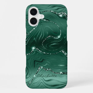 Coque iPhone 16 Plus Motif de Parties scintillant d'argent Emerald Gree