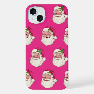 Coque iPhone 15 Plus Motif de Père Noël vintage rose chaud festif amusa