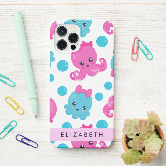 Coque iPhone Motif de pieuvre, Pieuvre mignonne, Mer, Votre Nom (Sur le bureau)
