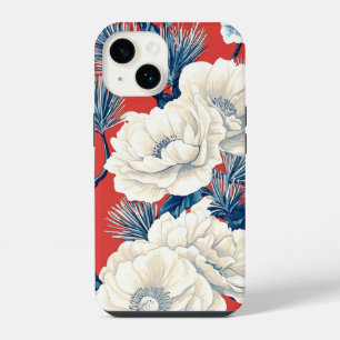 Coque Pour iPhone 14 Motif de pivoine fleur de prunier indigo rouge