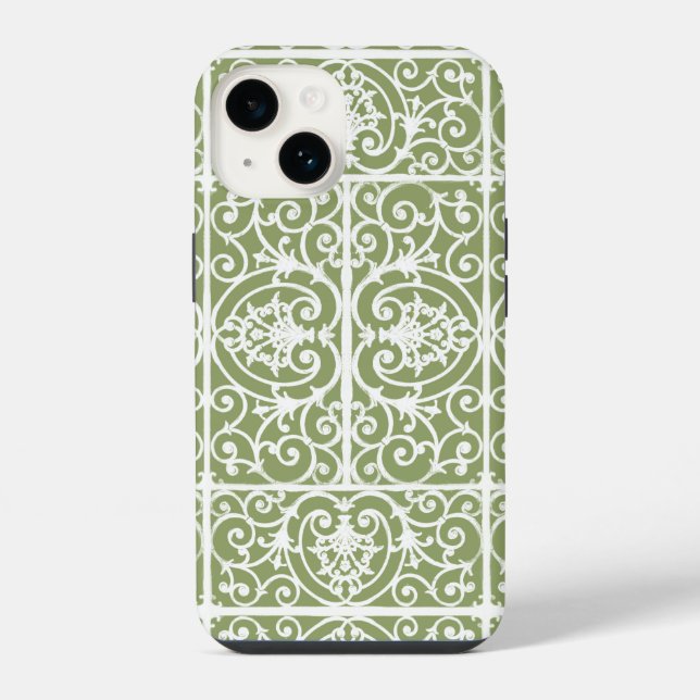 Coque iPhone Motif de rinceaux vert olive (Verso)