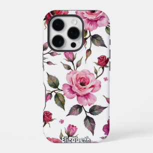 Coque iPhone 16 Pro Motif de roses et de feuilles à l'aquarelle