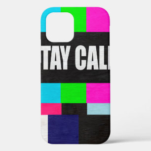 Coque iPhone 12 motif de test de télévision rétro avec rester calm