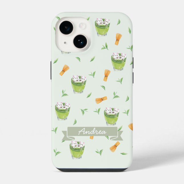 Coque iPhone Motif de thé vert matcha à mousse de chat (Verso)