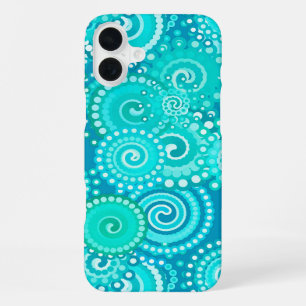 Coque iPhone 16 Plus Motif de tourbillon fractal, nuances de bleu océan