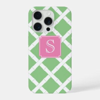 Coque iPhone 15 Pro Motif de treillis en bambou chic vert pomme et ros