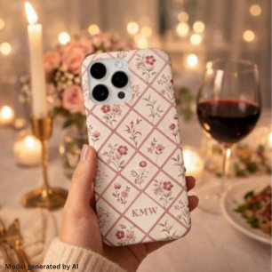 Coque iPhone 16 Pro Max Motif de treillis floral rose poudré vintage perso