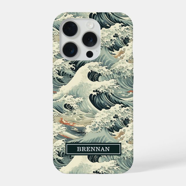 Coque iPhone Motif de vague japonaise monogrammé (Verso)