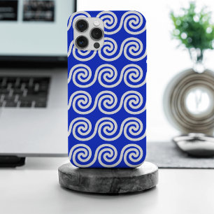 Coque iPhone 15 Pro Max Motif de vagues clés Méandre grec bleu