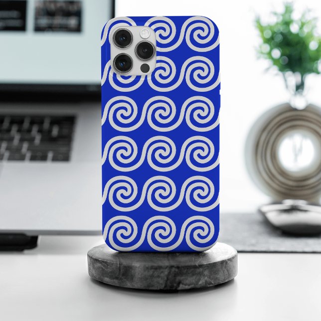 Coque iPhone Motif de vagues clés Méandre grec bleu (Créateur téléchargé)