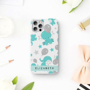 Coque iPhone 12 Pro Motif d'éléphants bleus, d'étoiles et de votre nom