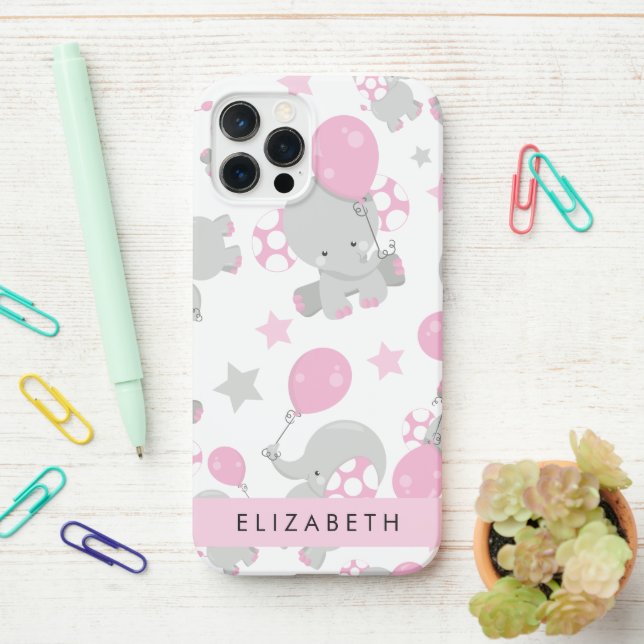 Coque iPhone Motif D'Eléphants, Eléphants Mignons, Votre Nom (Sur le bureau)