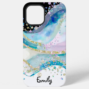 Coque iPhone 12 Pro Max Motif d'encre alcoolique holographique bleu clair