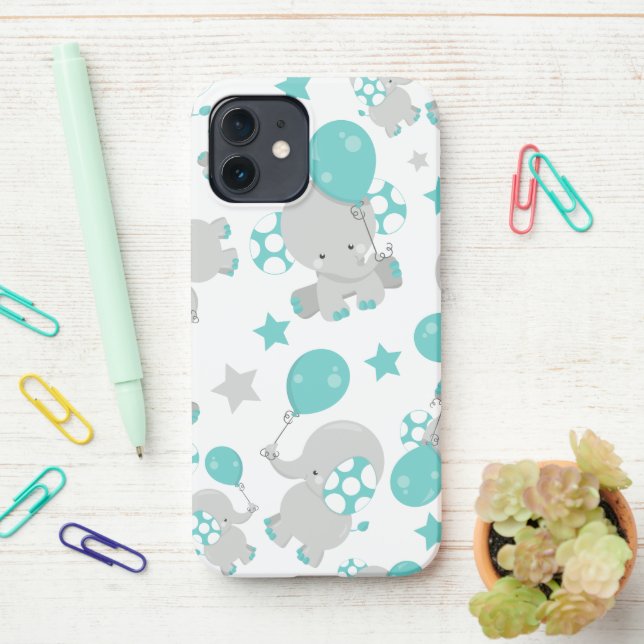 Coque iPhone Motif Des Eléphants, Eléphants Mignons - Gris Bleu (Sur le bureau)