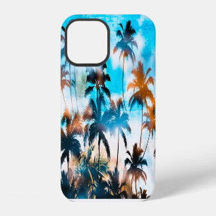 Coque iPhone 12 Motif d'été, arbres tropicaux, ciel.