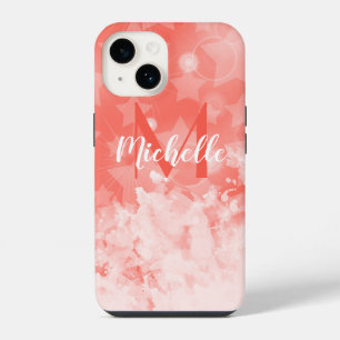 Coque Pour iPhone 14 Motif d'étoiles rose corail Monogramme de nom Chic