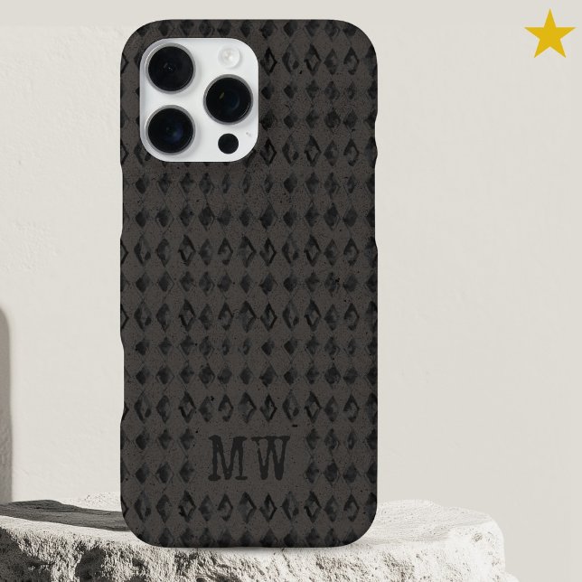 Coque iPhone Motif diamant gribouillé gris noir Monogramme pers (Créateur téléchargé)