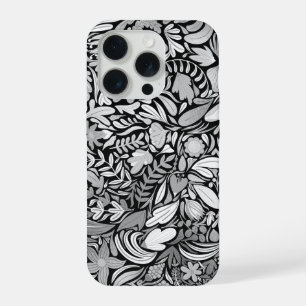 Coque iPhone 15 Pro Motif d'illustration Feuilles floraux noirs argent